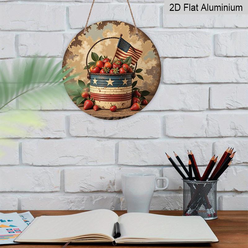 2D Flat, 1pc Retro American-Style Strawberry Basket Wall Art- Rustic Aluminum Metal Sign with Patriotic Stars And Stripes Pattern, Indoor/Outdoor