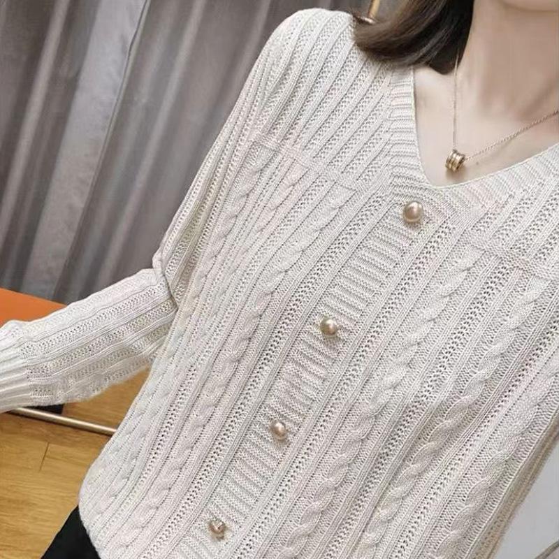Autumn Women's Knitted Sweater Long Sleeve Design Loose Knitted Top V-Neck Medium Length Sweater