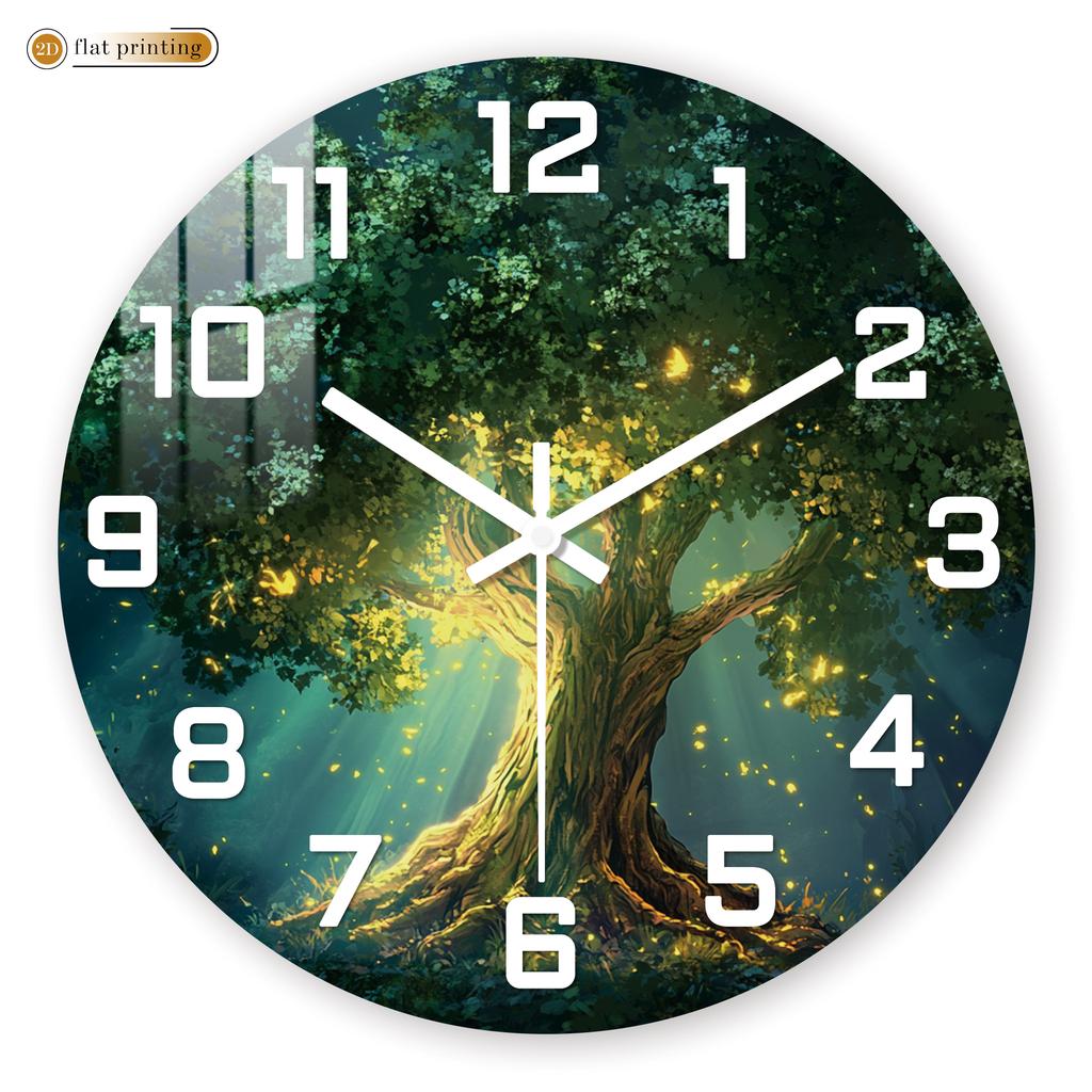 Enchanted Glowing Tree Wall Clock - Fantasy Forest 2D Flat Printed Round Timepiece - Silent Non-Ticking Decorative Wall Clock