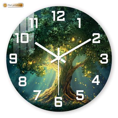 Enchanted Glowing Tree Wall Clock - Fantasy Forest 2D Flat Printed Round Timepiece - Silent Non-Ticking Decorative Wall Clock