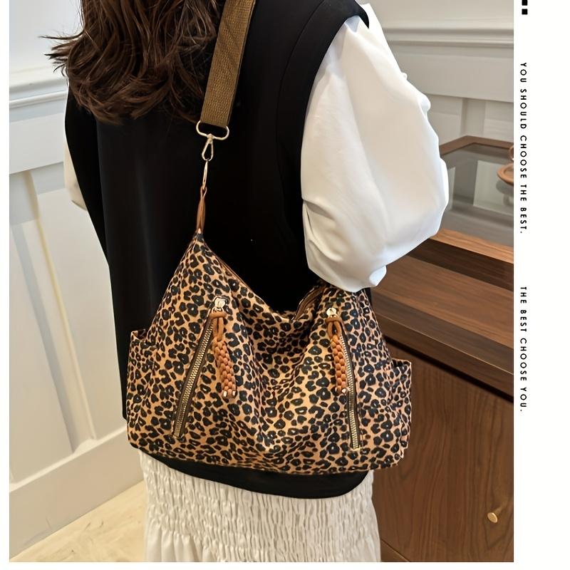 Fashion Leopard Print Large Capacity Tote Bag Casual Women's Shoulder Bag Simple Vintage Crossbody Bag Fashionable Leopard Pattern Zipper Shopping Bag
