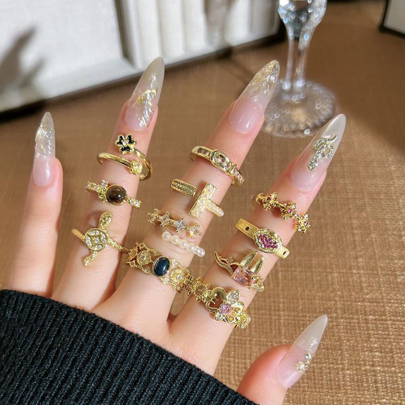 2026 Geometric Retro High-end Pearl Mix and Match Fashion Open Ring Women's Simple Temperament Niche Design Ring Tide