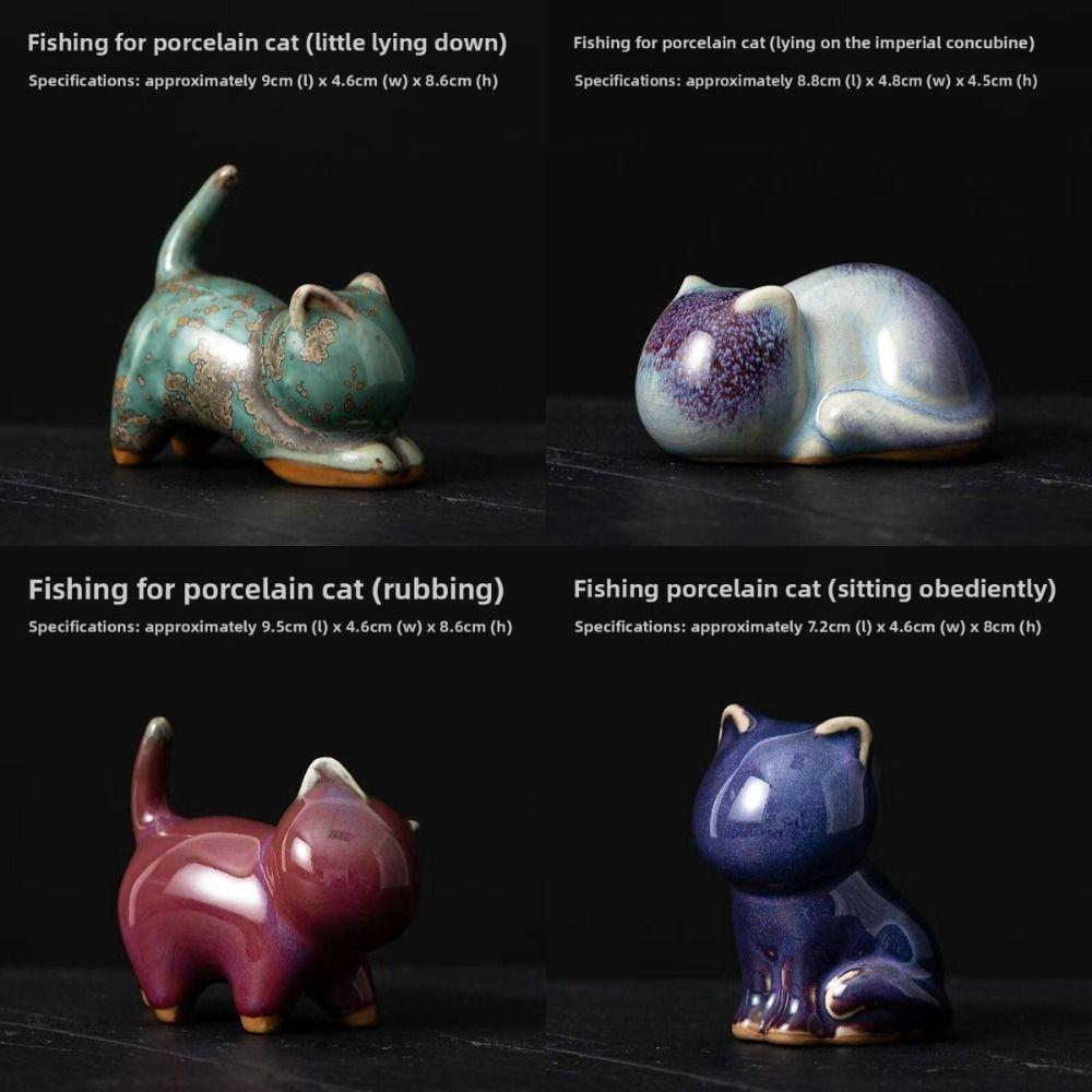 1/4pcs Cat Tea Pet Ceramic Ornament Craft Desktop Decoration Jun Porcelain Cat Tea Pet Chinese Style Lazy Cat Car Ornament