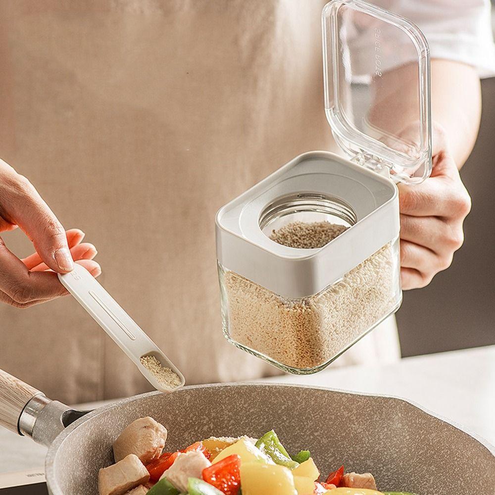 Sealed Glass Seasoning Box Dustproof Save Space Condiment Jar Moisture-proof with Spoon and Handle Spice Container for Home