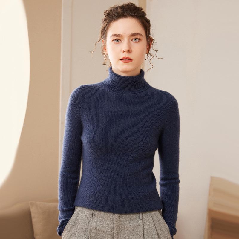 Women's High Neck Ribbed Cashmere Sweater - Slim Fit, Versatile Knit Top