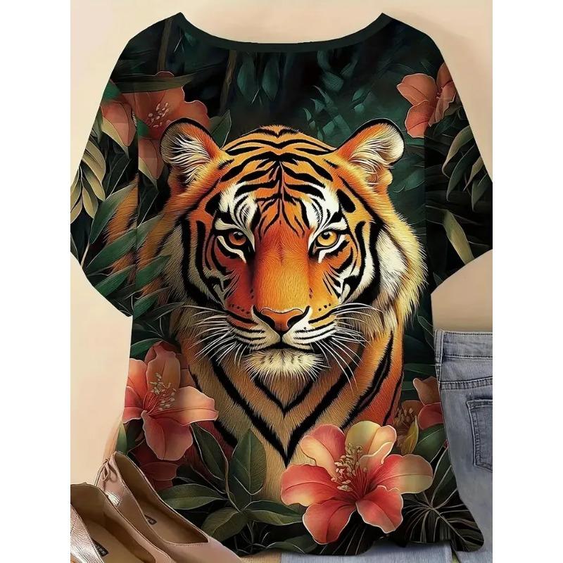 3D Printed Women's Round Neck Tiger Pattern T-shirt Multifunctional Summer Fresh Women's Version T-shirt Breathable Machine Wash Outdoor Top