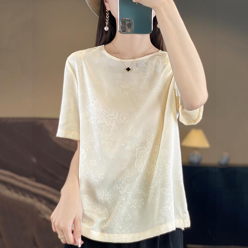 Summer Women's Silk T-shirt Round Neck Short Temperament Large Size Short-sleeved T-shirt Tops