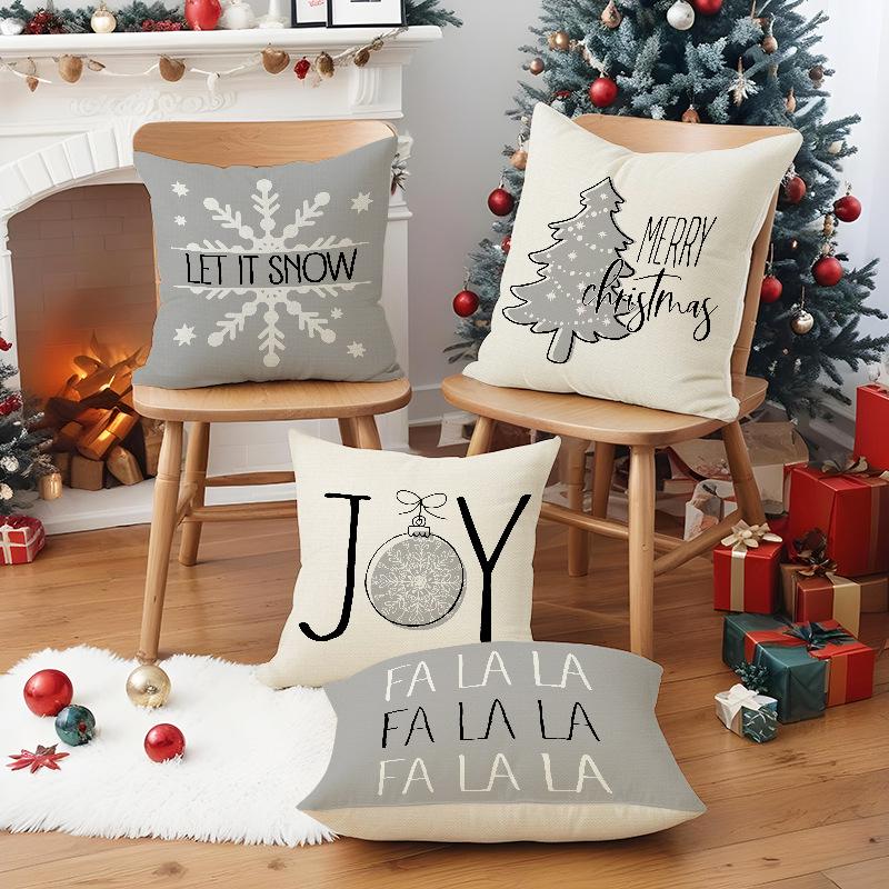 New Style Gray Christmas Tree Snowflake Christmas Pillowcase Linen Print Pillowcase Festive Sofa Decoration