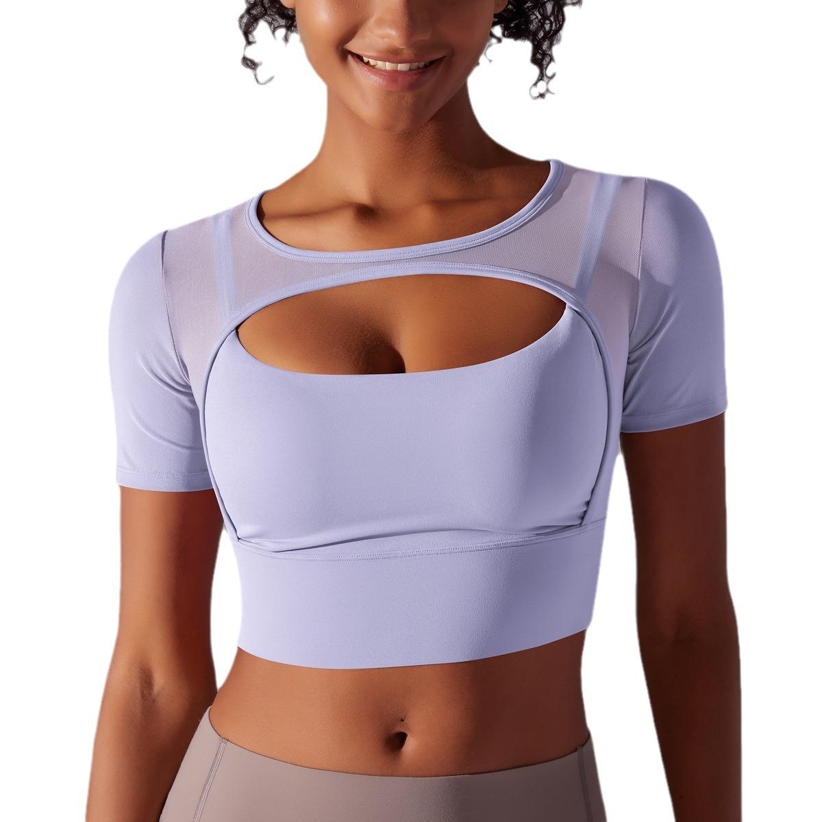 

Новый топ для йоги с коротким рукавом из сетки с вырезами, имитирующий двойку, со встроенными чашками, противоударный, собирающий, для фитнеса, с открытой спиной для женщин XL