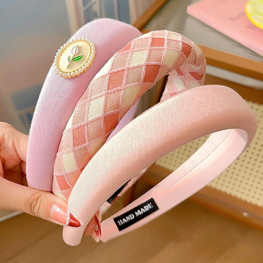Spring Summer Women Solid Color Head Hoop Set Princess Girls Sweet Plaid Cloth Headbands for Children Daily Headpiece
