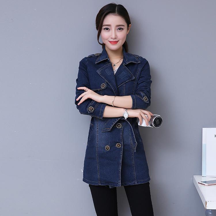 Spring and Autumn Slim Denim Windbreaker Jacket Women's Mid-length Double-breasted Suit Collar Coat