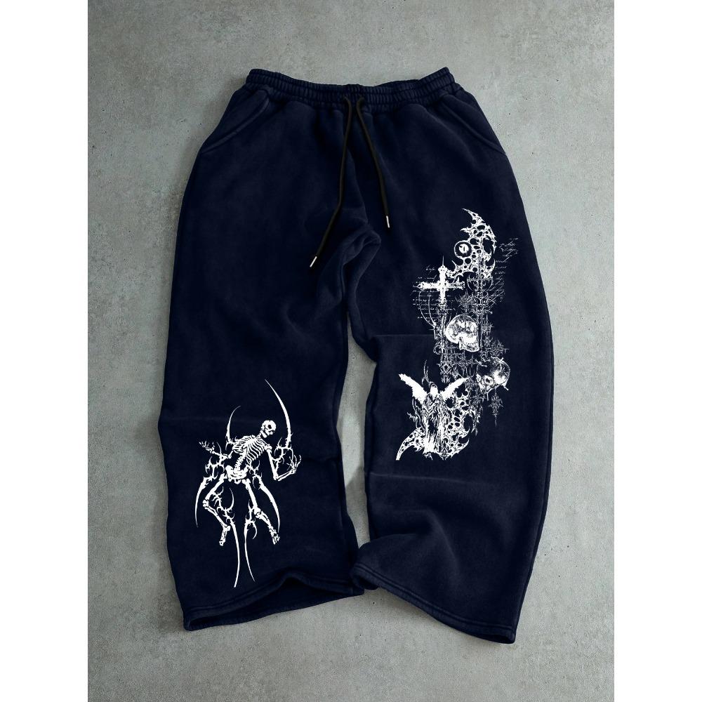 Men's Casual Straight Leg Pants with Loose Polyester Sports Pants Featuring Dark Gothic Skull Print, Retro Street Style