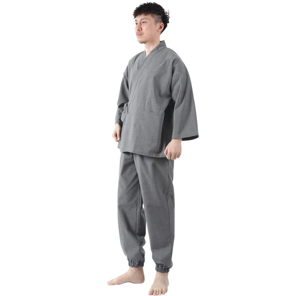 [Poweforest] Workwear Samue Men's Spring/Summer 100% Cotton Front-Opening Yukata Large Size Slightly Traditional Japanese Clothing Set (Gray, 3L)