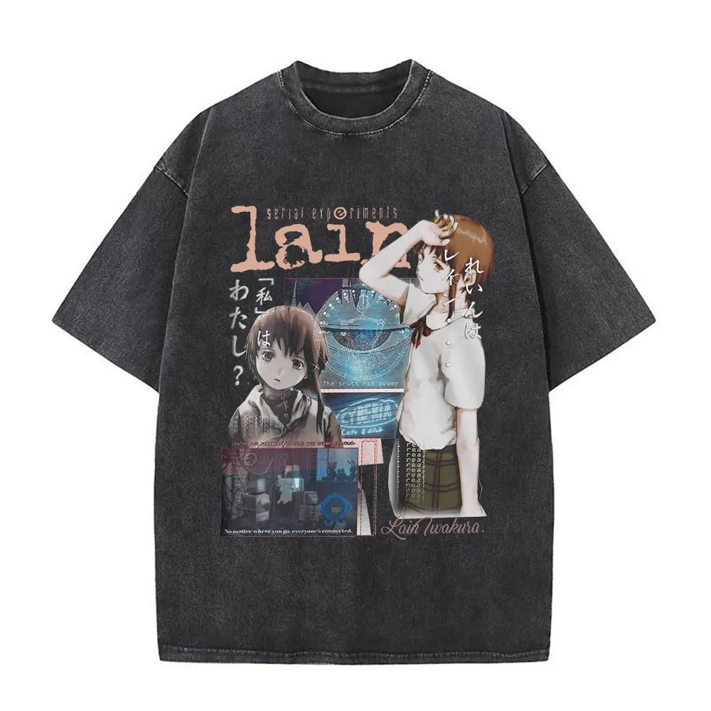 Washed Vintage Anime Serial Experiments Lain Face Graphic Tshirt Manga Girl Sci Fi Yk T Shirt Men Women Cotton Retro Tshirts