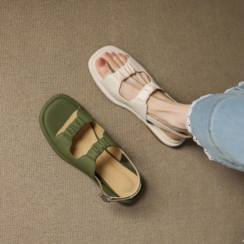 Summer Round Head Wide Strip Sandals Women's Rubber Soft Sole Large Size Shoes Buckle Women's Flat Sandals White Korean Version New