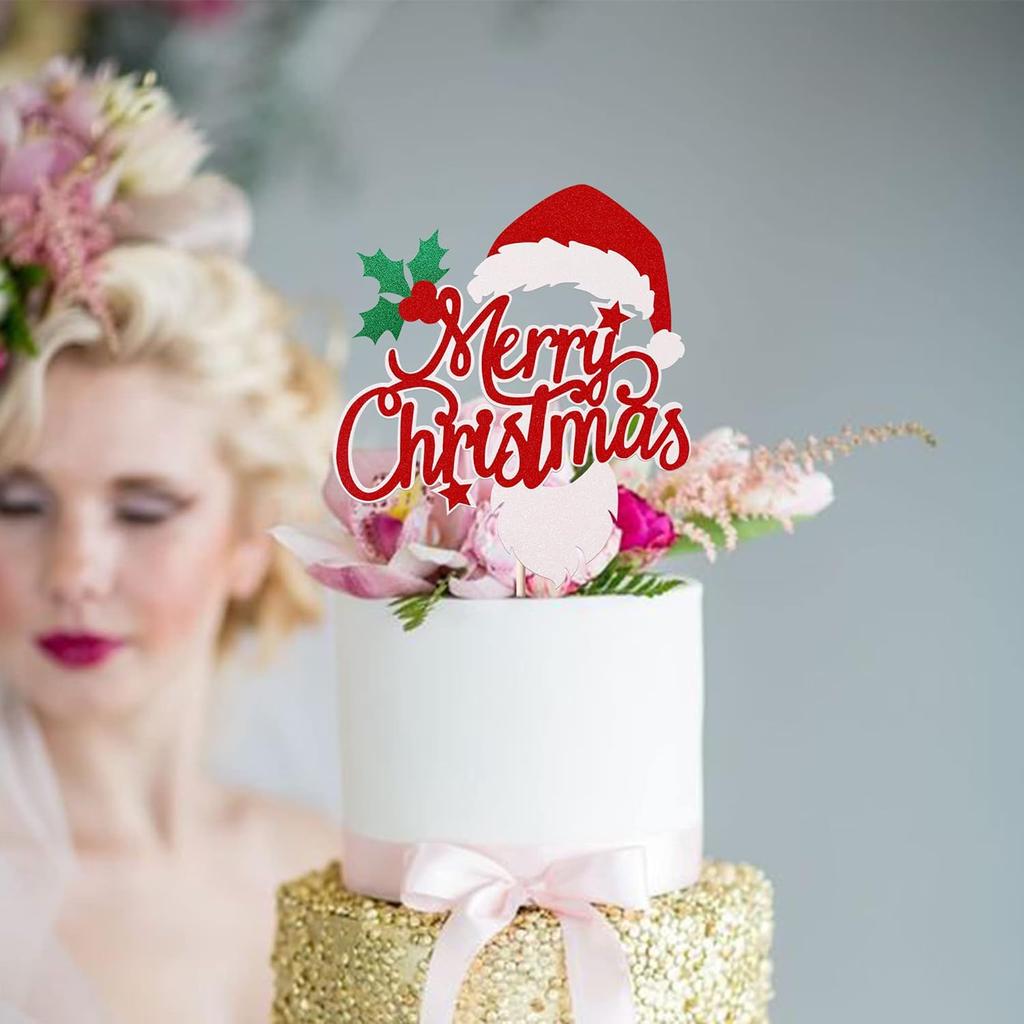 1 Stück Frohe Weihnachten Cake Topper Glitzer Stechpalmenblätter und Beeren Weihnachtsmannmütze Bart Pick für Weihnachts-Thema Kuchen Dekorationen