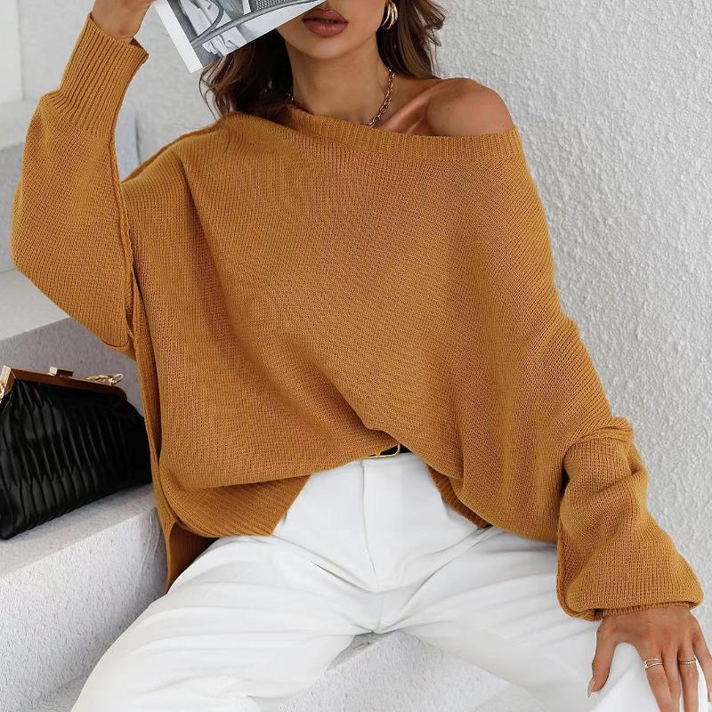 IHUASU Autumn and Winter Fashion Women's O-Neck Knit Loose Split Pullover Sweater