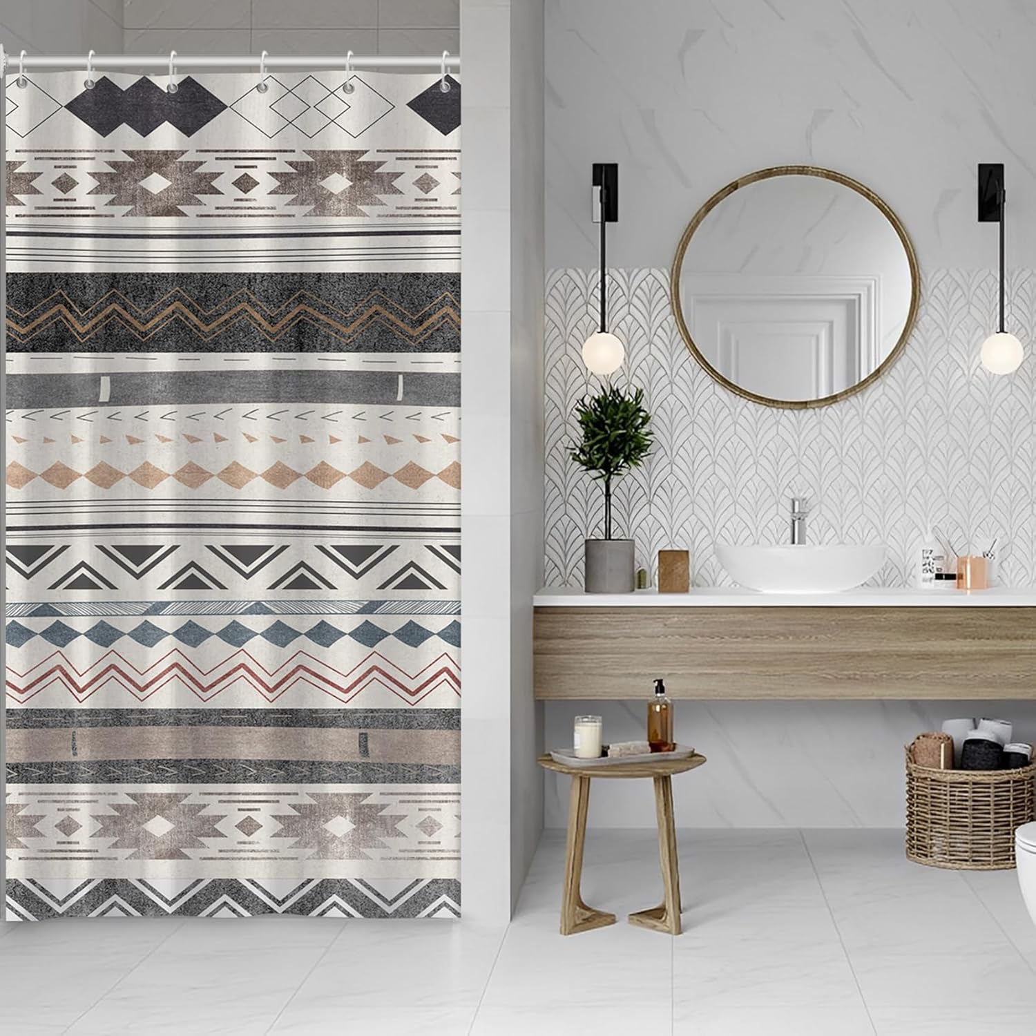 

Modern Tribal Pattern Shower Curtain For Boho Bathroom Decor Water Resistant Fabric With Geometric Design Trendy Home W60H190(CM)-1 Pcs