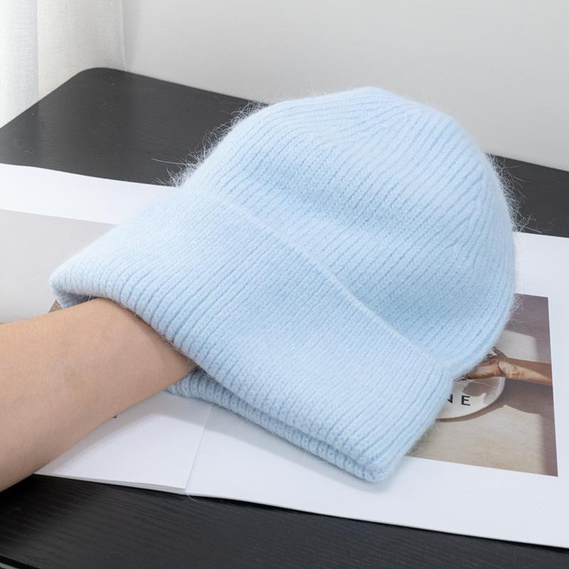 

Корейская шапка с капюшоном из меха кролика карамельного цвета для женщин, теплая вязаная шапка, симпатичная корейская японская холодная шапка, вирусный тренд в Instagram one size светло-синий