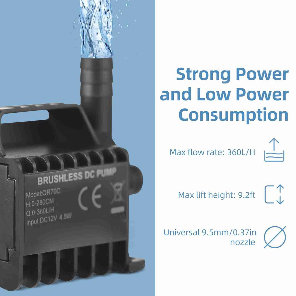 Submersible 12V Water Pump Electric 360L H Small Fountain Pump with Max 9.2ft Lift, 6.5ft DC Female Plug and Suction