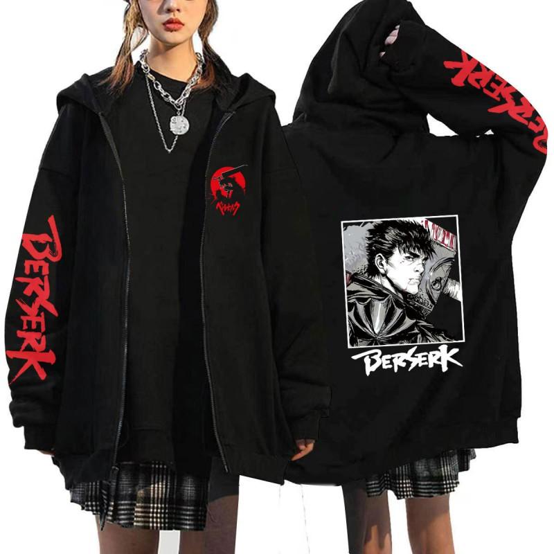 Berserk Anime Hooded Zip-Up Sweatshirt Men Oversized Fleece-Lined Pullover With Drawstring Cap Side Pockets