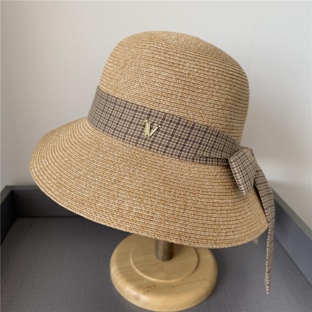 Straw Hat Versatile V Standard Plaid Bow Streamer Eaves Sunscreen Sunshade Bucket Hat Sun