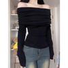 French temperament off-shoulder knitted bottoming shirt women's spring and autumn gentle pure desire slim-fitting one-word shoulder long-sleeved top