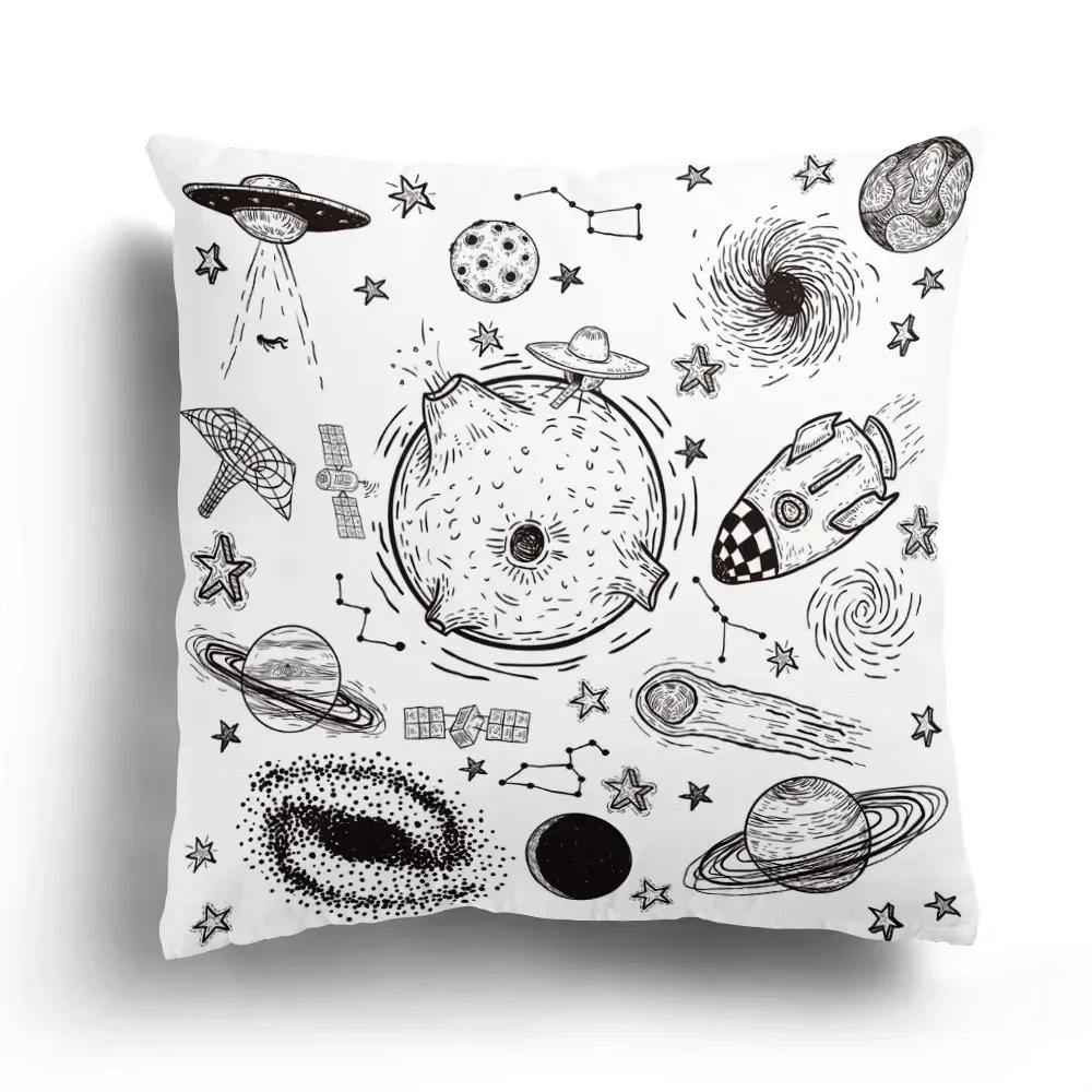 Fashion Black and White Sky Cartoon Astronaut Home Sofa Cushion Cover Cartoon Pattern Room Bedroom Pillowcase Decoration