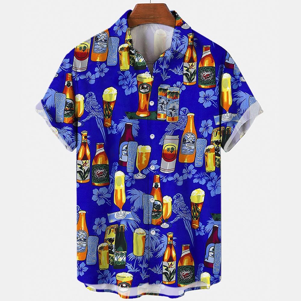 Hawaiian Beach Harajuku Shirts For Men 3D Print Beer Short Sleeve Tees Summer Vacation Style Single-Breasted Tops Lapel