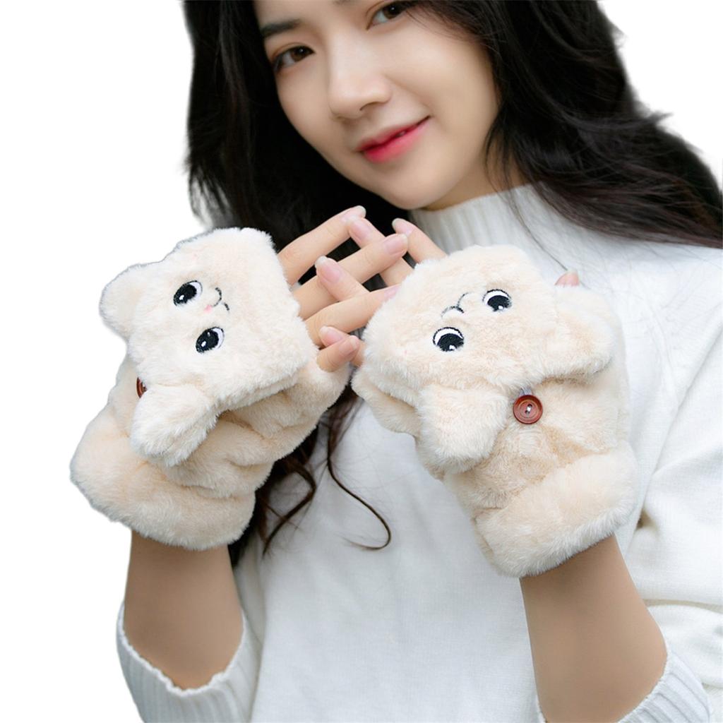 Winter Faux Furs Fingerless Wool Gloves Thermal Insulation Warm Convertible Mittens Flap Cover for Women Girls