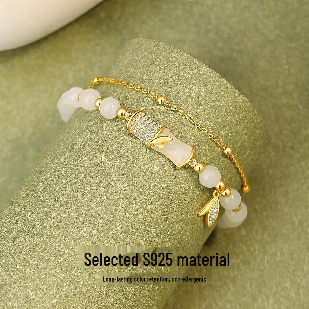 Xingcheng S925 Hetian Jade Bamboo Double Bracelet - Chinese Niche Style Jewelry