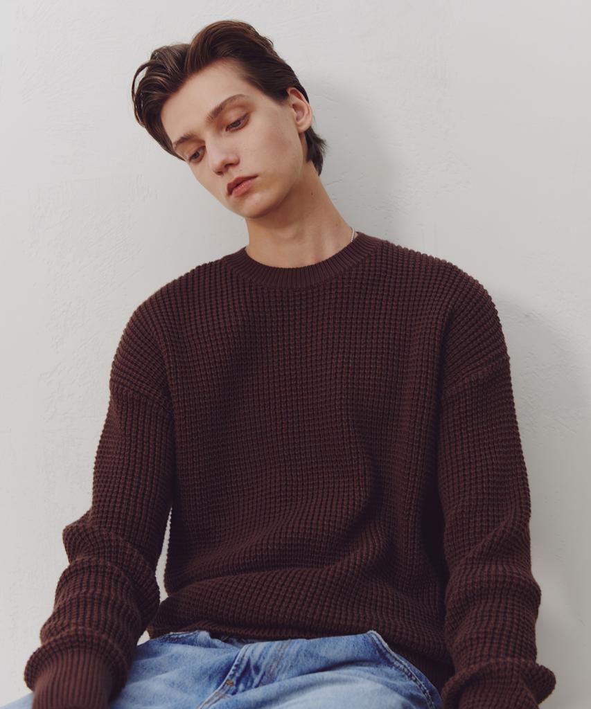 KNITTED Heavy Waffle Round Knit Brown