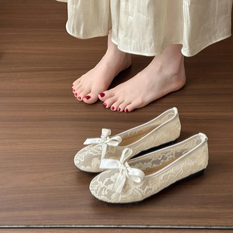 Mode 2025 Neue Damen Rundzehen Flachmündung Schleife Mesh Spitze Atmungsaktiv Weiche Sohle Flache Mesh Schuhe Frühling und Sommer Neue Einzelne Schuhe
