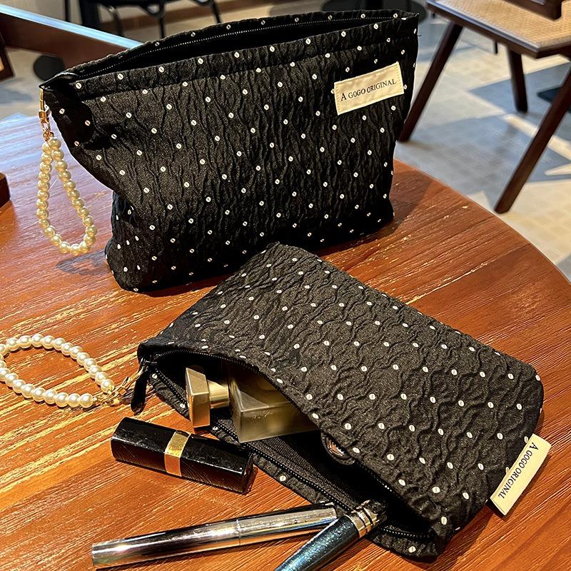 Black Polka Dot Cosmetic Bag With Pearl Handle Portable For Travel Skincare Storage