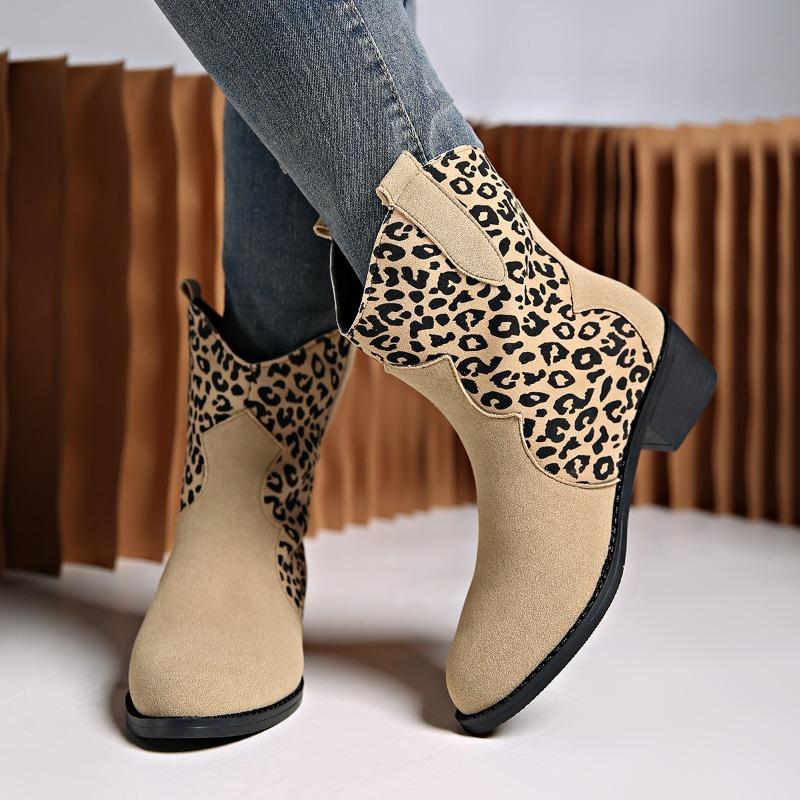 Damen Herbst-Winter Leo-Print klobiger Absatz spitzer Zehenpartie mittelhohe Martin Boots, in großen Größen erhältlich.