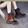 Móda 2024 Nové Dámské Kozačky na Silném Podpatku Zimní Teplé Pravá Kůže Kulatá Špička Platforma Smíšené Barvy Retro Styl Ručně Vyráběné Bavlněné Kozačky