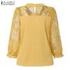 ZANZEA Women Casual Round Neck 3/4 Sleeve Patchwork Embroidery Lace Blouse