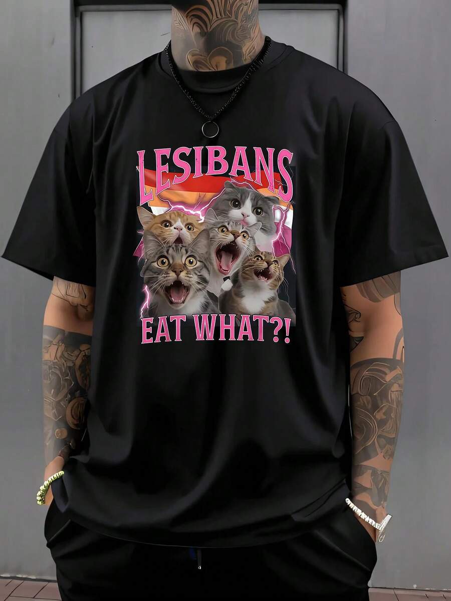

Unisex S Casual Loose Fit Round Neck T-Shirt With Playful Cat Graphic Print - LESIBANS EAT WHAT Design S