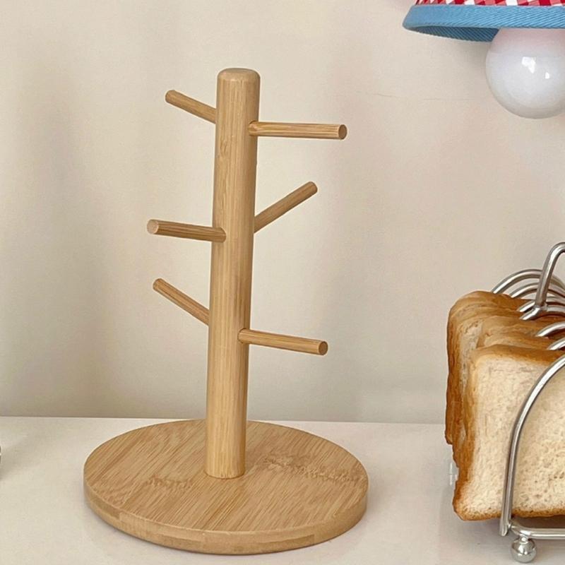 Space Saving Bamboos Coffee Cup Tree Hanger With 6 Hooks Stand Rack For Homes Kitchen Restaurant Storage Organization