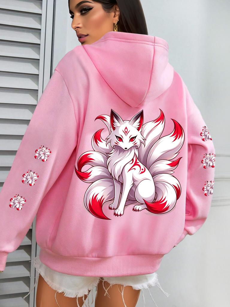 Damen Kapuzenpullover Locker Neunschwänziger Fuchs Print Hoodie Lässig Streetwear Tägliches Outfit