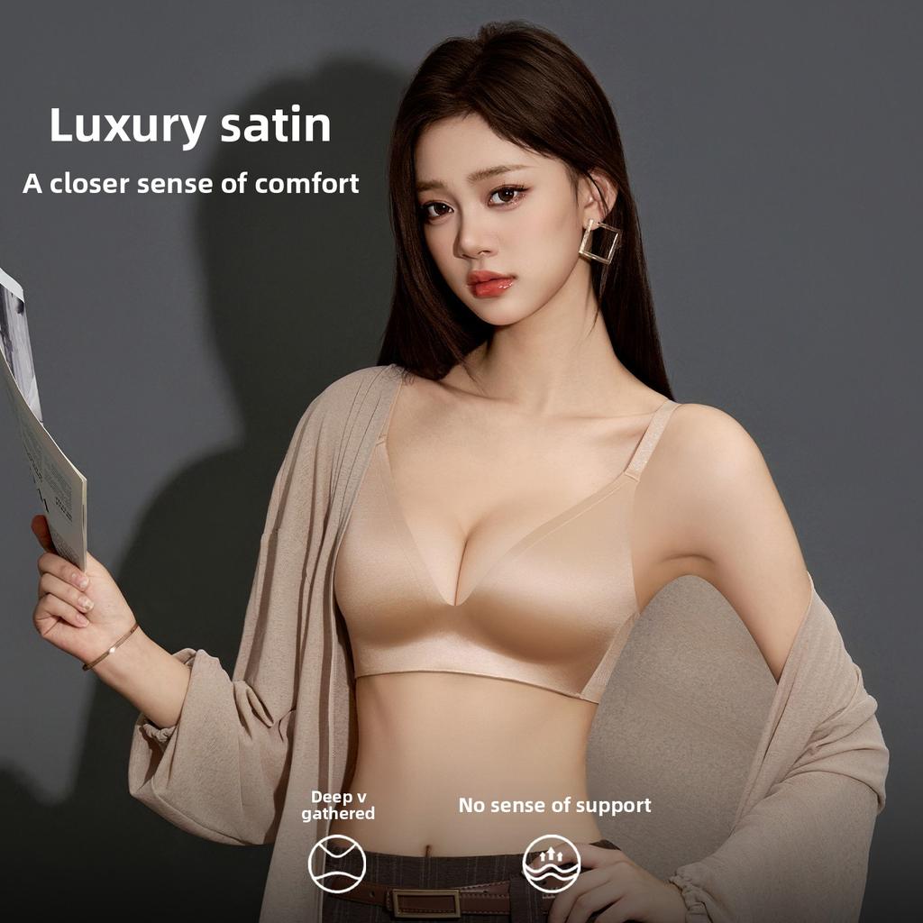 Premium Satin Seamless Bra, Soft Support Push Up Anti-Sagging Side Support Lightweight Wireless Women's Lingerie
