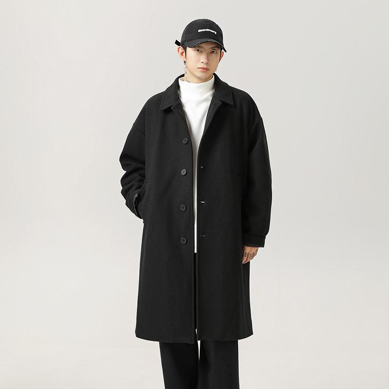Men's Mid-Length Windproof Woolen Coat - Autumn/Winter, Japanese Style, Loose Fit, Thickened Lapel Jacket