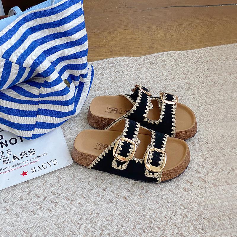 

Leather version~ One-pedal 4cm cork thick-soled Boken half-slippers summer outer wear holiday style beautiful cool slippers women 35 чёрный