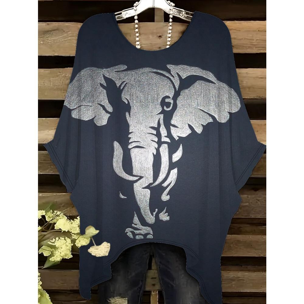 Silver Elephant Women's Large Size Short Sleeve T-Shirt, Irregular Hoop Design, Digital Printing Four Seasons T-Shirt