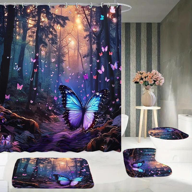 Butterfly Trees, Flowers And Plants, Digital Printing, Shower Curtain, Bathroom Four-Piece Set With Hooks