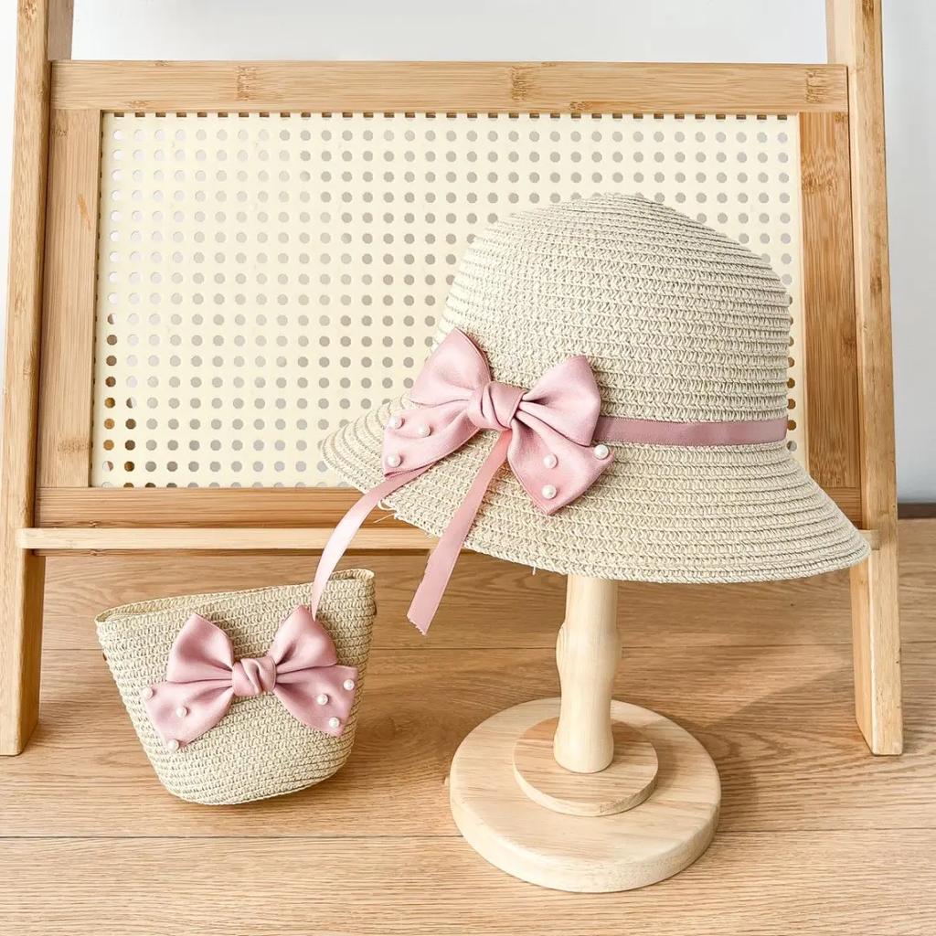 2er Set Stroh-Eimerhut und Tasche für kleine Mädchen, Kinder Sommerurlaub Fischerhüte Baby Prinzessin Schleife Lässig Strand Sonnenhut