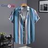 Men's Short Sleeved Shirt with Lake Blue, Black and Pink Stripe Print Shirt for Men Summer Casual Wear