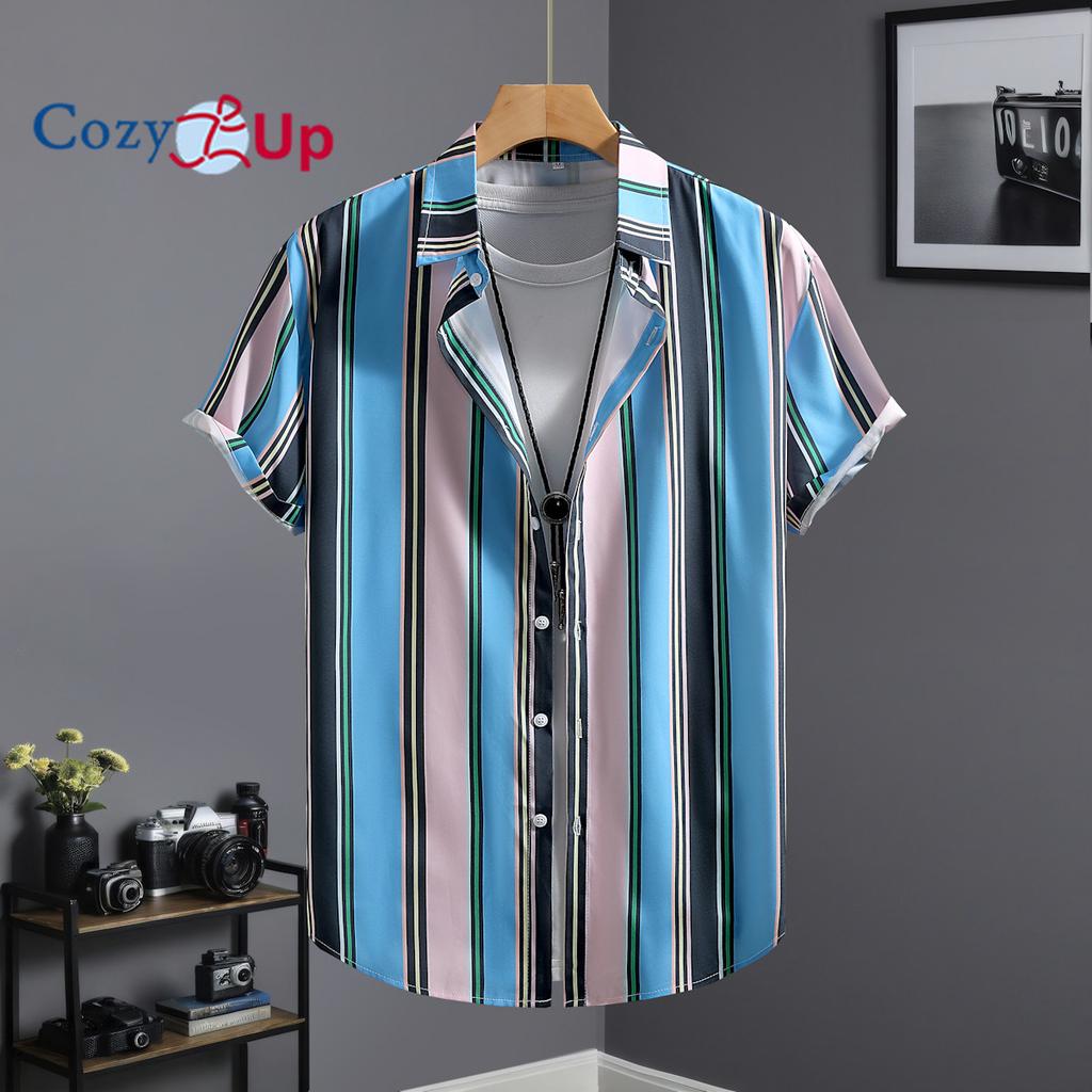 Men's Short Sleeved Shirt with Lake Blue, Black and Pink Stripe Print Shirt for Men Summer Casual Wear