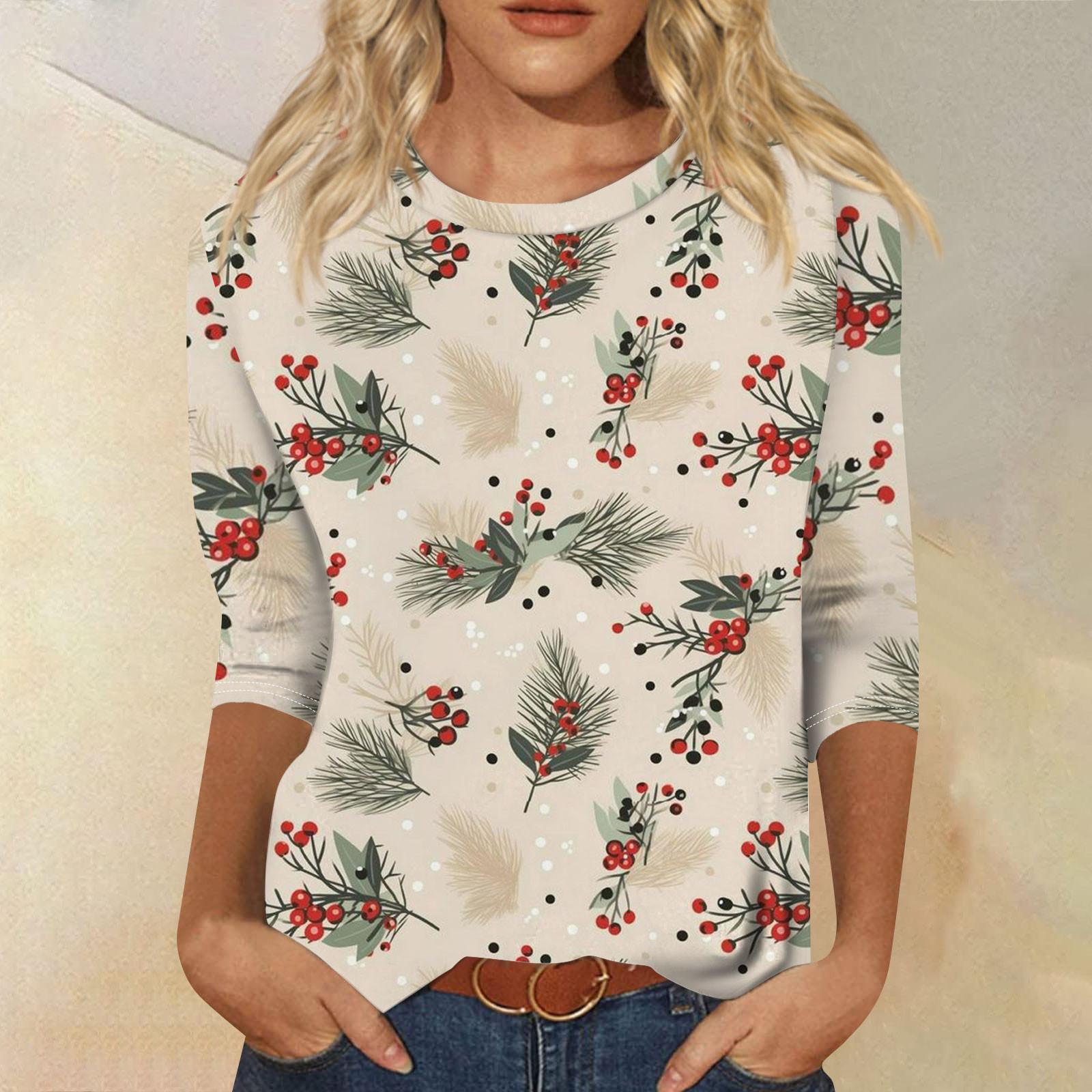 

Женская мода повседневная рубашка с круглым вырезом и рождественским принтом, семь рукавов XL бежевый