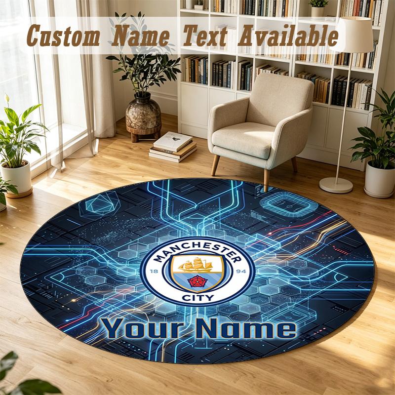 Round Rug Custom NameManchester City Pattern Non Slip Carpet Home Floor Decor